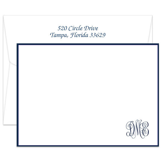 Triple Thick Provincial Monogram Bordered Flat Note Cards - Raised Ink